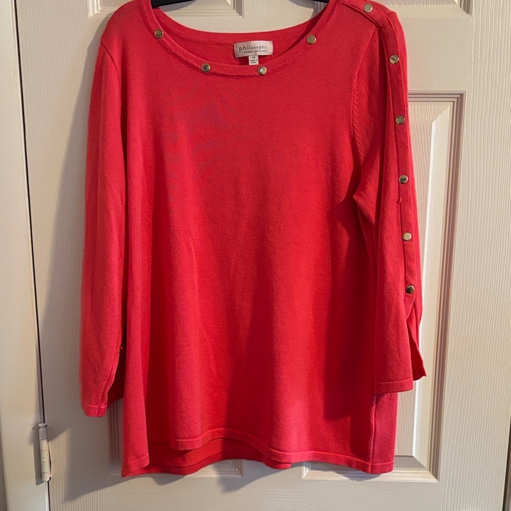 Philosophy Coral-Red Button-Trim Long Sleeve Top